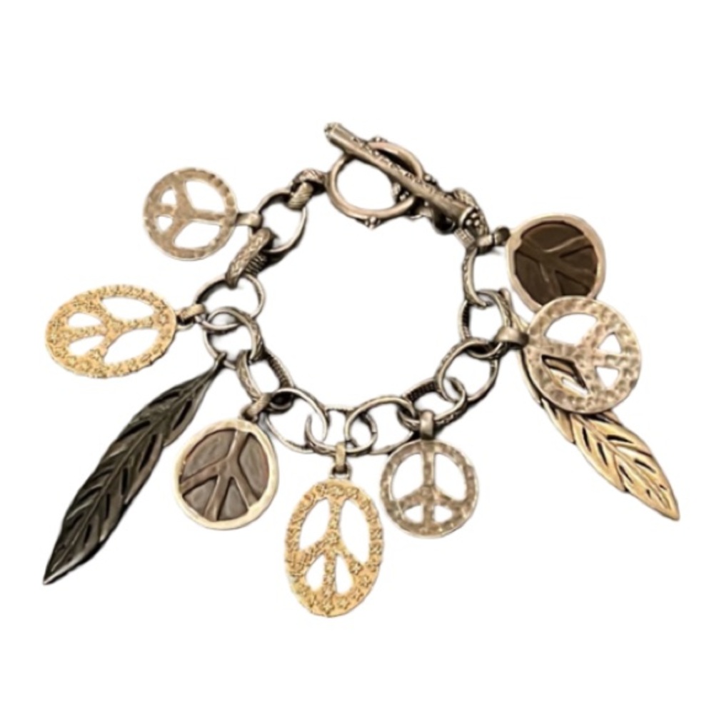 Lucky Brand Antiqued Mixed Metals Peace Sign & Feather Chunky Charm Bracelet